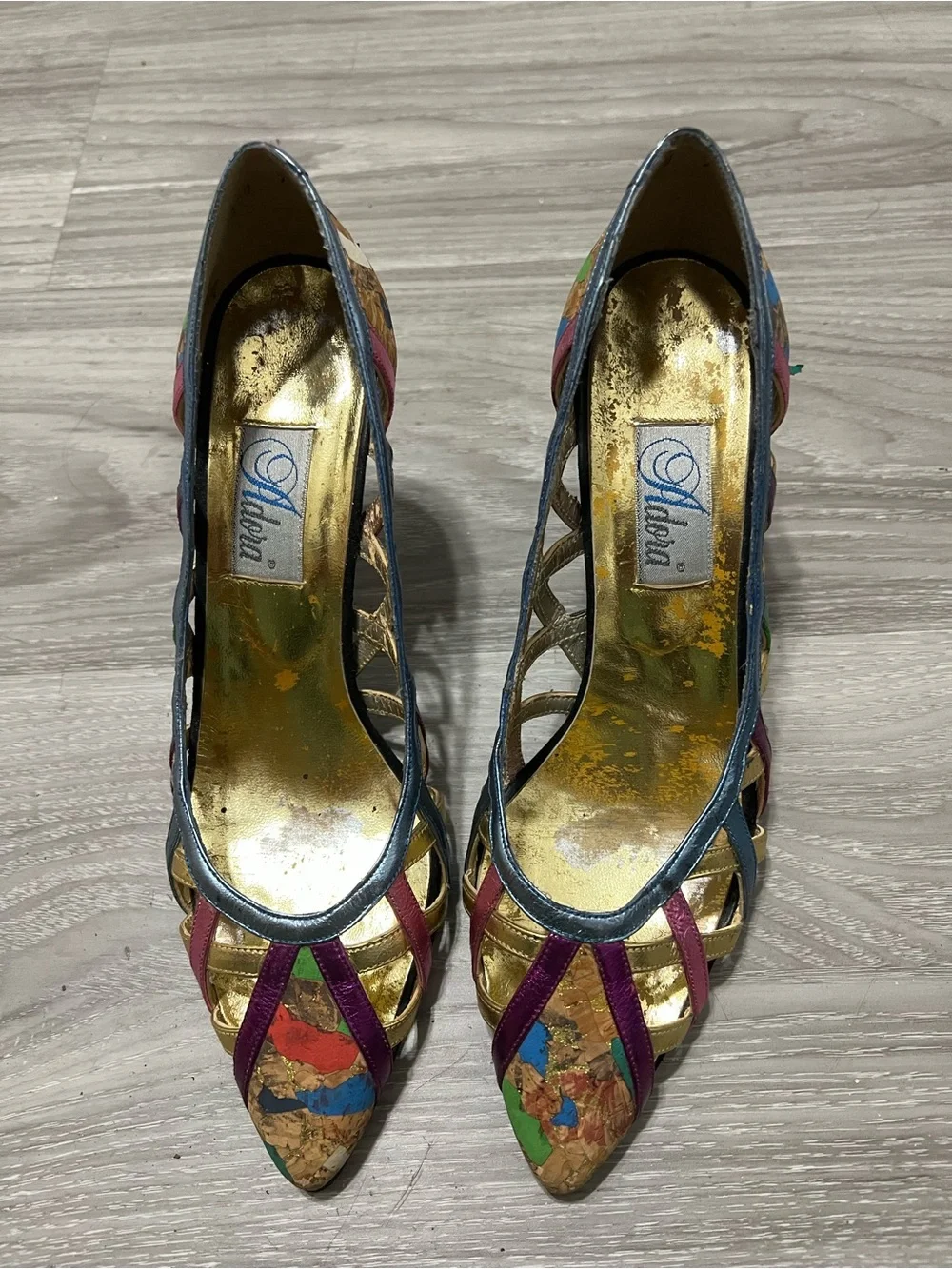 Adora Vintage Metallic Heels Strappy  Cork Mosaic Size 7 M  Colorful Shoes Y2K